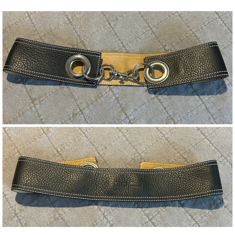 Miu Miu VTG Y2K Blk Leather Wide Waist Belt 85/34 Silver Grommet Hardware Italy